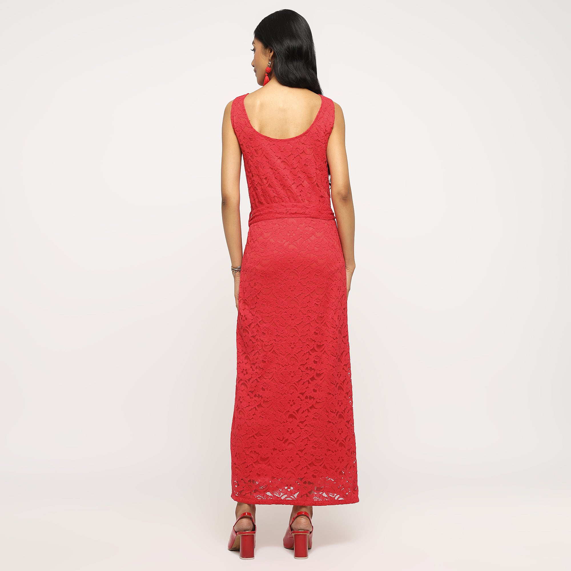 Red One-Shoulder Lace Maxi Dress with Side Slit